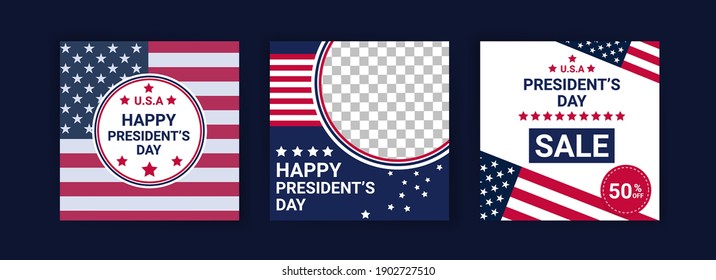 US President's Day greeting card displayed with the national flag of the United States of America. Social media templates for US president's day.