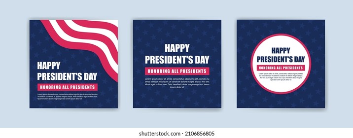 Tarjeta de saludo del Día del Presidente de los Estados Unidos mostrada con la bandera nacional de los Estados Unidos de América. Plantillas de medios sociales para el día del presidente de Estados Unidos.