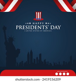 US Presidents Day Greeting Card. Design with New York Skyline, Hat, and Ribbon. Poster, Banner, Background. Vector Illustration