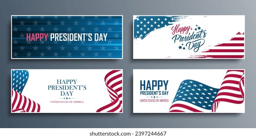 Tag der US-Präsidenten. Feierlichkeiten zum Tag des Präsidenten der Vereinigten Staaten. Horizontale Banner mit wehender amerikanischer Flagge, Handschrift und Pinselstriche. USA Nationalfeiertag Grüße. Vektorgrafik.