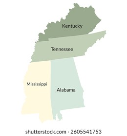 US regions of East South Central.  East South Central states in lable of state in green color.
