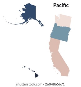 US regions of Pacific. Pacific states of America each state with multicolor. 