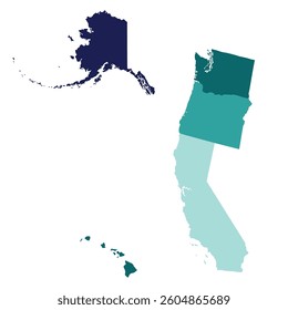 US regions of Pacific. Pacific states of America each state in color..