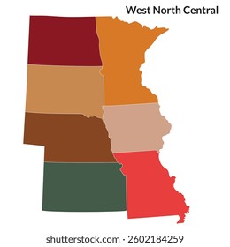 US regions of West North central. Map of United States split into divisions of West North central with each state in multicolor. 