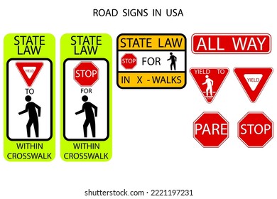 Us Road Signs In American Style. Vector Illustration. Stock Picture. 