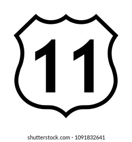 US Route 11 Sign, Black And White Shield Sign With Route Number, Vector Illustration.