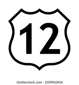 US route 12 sign, black and white shield sign with route number, vector illustration.