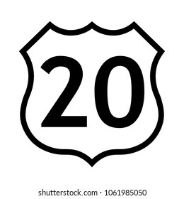 US route 20 sign, black and white shield sign with route number, vector illustration.