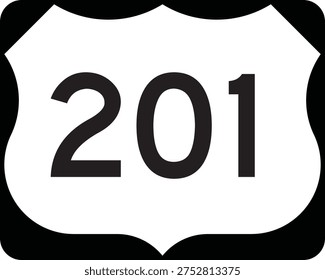 US Route 201 Shield Badge White on Black Road Sign Vector