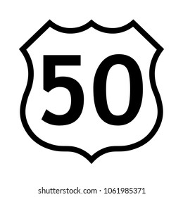 US route 50 sign, black and white shield sign with route number, vector illustration.