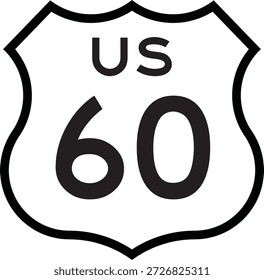 US Route 60 Highway Shield Cutout Sign Vector de diseño de sistema numerado de carretera