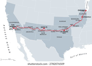U.S. Route 66, or U.S. Highway 66, known as the Mother Road, gray political map. Route sixty-six, Main Street of America, a historic route from Chicago, Illinois, to Santa Monica, California. Vector