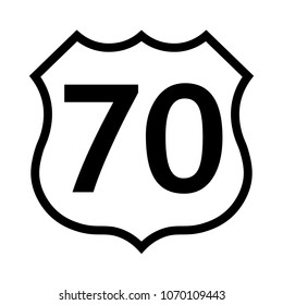 US route 70 sign, black and white shield sign with route number, vector illustration.