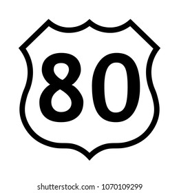 US route 80 sign, black and white shield sign with route number, vector illustration.