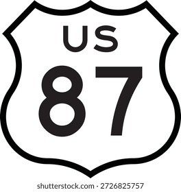 US Route 87 Highway Shield Cutout Zeichen Road Numbered System Design Vector