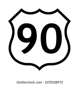 US Route 90 Sign, Black And White Shield Sign With Route Number, Vector Illustration.