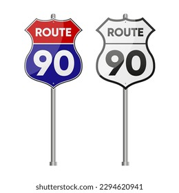 U.S. route 90 sign. Shield sign with route number. The popular route in america. Vector illustration.