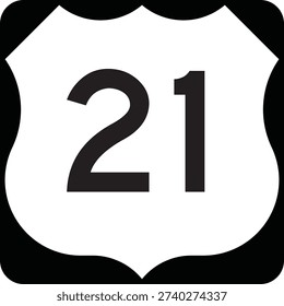 US Route Number 21 Emblem Shield, Black on White Road Sign MUTCD Clipart Icon Vector