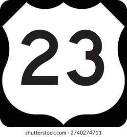 US Route Number 23 Emblem Shield, Black on White Road Sign MUTCD Clipart Icon Vector