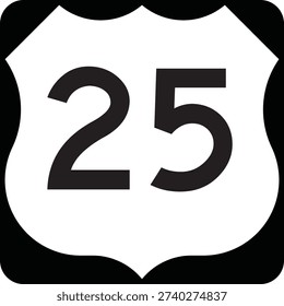 US Route Number 25 Emblem Shield, Black on White Road Sign MUTCD Clipart Icon Vector