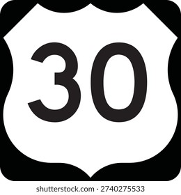 US Route Number 30 Emblem Shield, Black on White Road Sign MUTCD Clipart Icon Vector