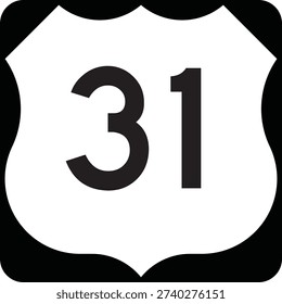 US Route Number 31 Emblem Shield, Black on White Road Sign MUTCD Clipart Icon Vector