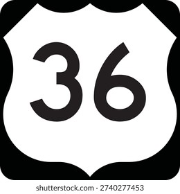 US Route Number 36 Emblem Shield, Black on White Road Sign MUTCD Clipart Icon Vector