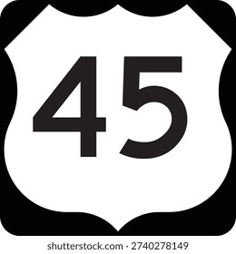 US Route Number 45 Emblem Shield, Black on White Road Sign MUTCD Clipart Icon Vector