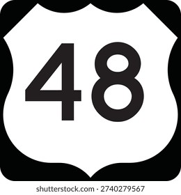 US Route Number 48 Emblem Shield, Black on White Road Sign MUTCD Clipart Icon Vector