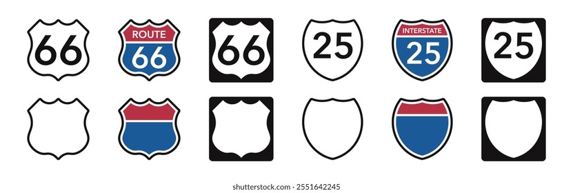US Route signs set. Interstate route sign collection. Vector illustration.