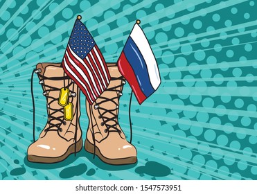 
US and Russian trade relations, cooperation strategy. USA flags of America and China in army boots. The crisis and the confrontation of forces in the bright colors of pop art