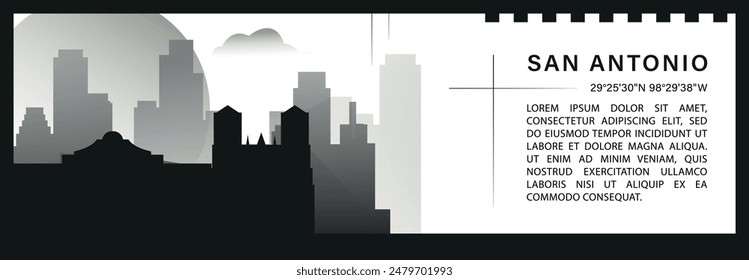 US San Antonio city skyline vector banner, black and white minimalistic cityscape silhouette. USA Texas state horizontal graphic, travel infographic, monochrome layout for website