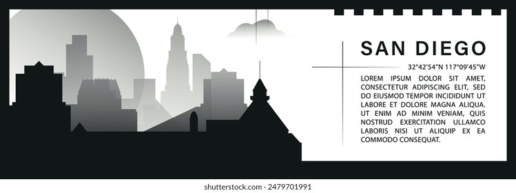 US San Diego city skyline vector banner, black and white minimalistic cityscape silhouette. USA California state horizontal graphic, travel infographic, monochrome layout for website