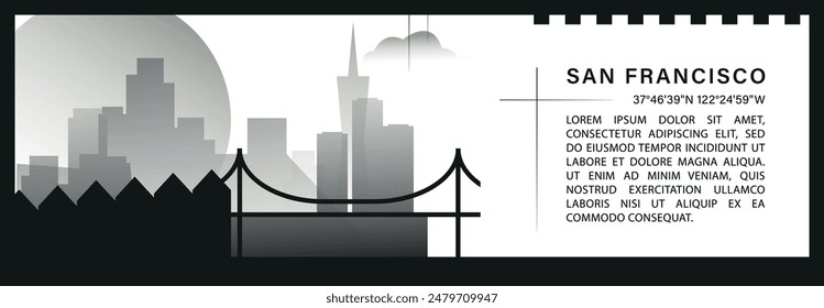 US San Francisco city skyline vector banner, black and white minimalistic cityscape silhouette. USA California state horizontal graphic, travel infographic, monochrome layout for website