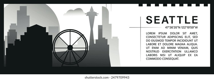 US Seattle city skyline vector banner, black and white minimalistic cityscape silhouette. USA Washington state horizontal graphic, travel infographic, monochrome layout for website