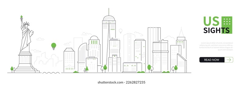 US sights - modern thin line design style vector banner on white urban background. Composition with statue of liberty against the backdrop of a large metropolis with different buildings. America