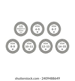 Us slippers and shoe size label set. Circle vector shoes labels.