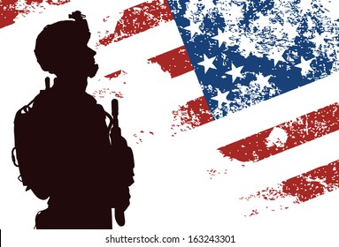 US Soldier With The American Flag On The Background