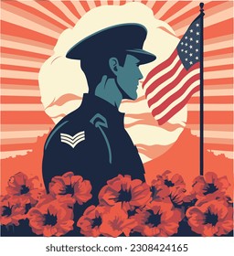 US-Soldat mit Blumen, Gedenktag, amerikanische Flagge, Patriotismus, Poster, Vektorgrafik, Flachstil, Offizier, Kapitän