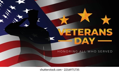 US Soldier Saluting At US Waving Flag. Veterans Day Background Design.