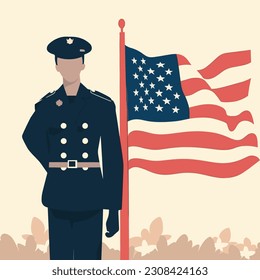 US Soldier, Tribute on Memorial Day, American Flag, Vector Illustration, flat style, officer