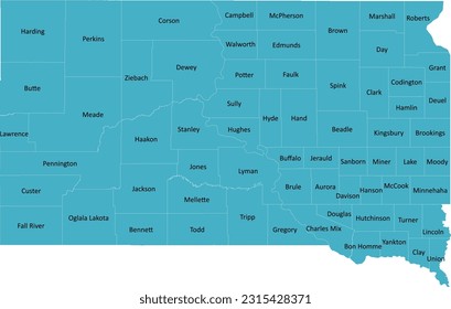 US South Dakota county map with 66 Counties’ Names and Boundaries, all text in one layer could be hidden.