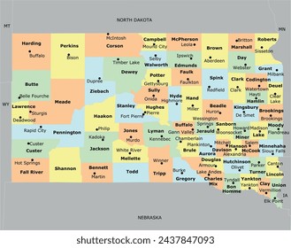 Mapa del estado de Dakota del Sur con 66 condados