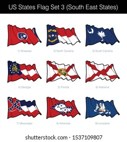 US South East States Flag Set. It includes the flags of Tennessee, North and South Carolina, Georgia, Florida, Alabama, Mississippi, Arkansas n Louisiana. Vector Icons all elements neatly on Layers