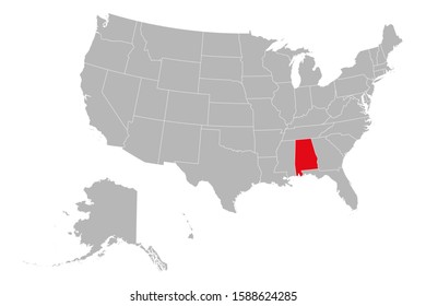 US state alabama highlighted red vector illustration. Gray background. United states political map.