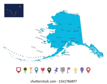 US State of Alaska Map and flat map icons. Highly detailed vector illustration of map.