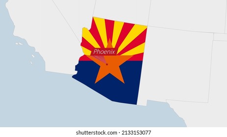 US State Arizona map highlighted in Arizona flag colors and pin of country capital Phoenix, map with neighboring States.