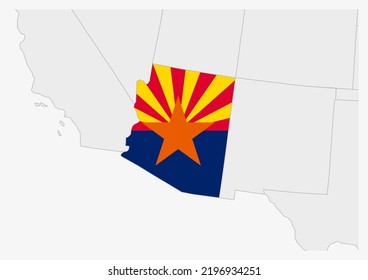 US state Arizona map highlighted in Arizona flag colors, gray map with neighboring usa states.