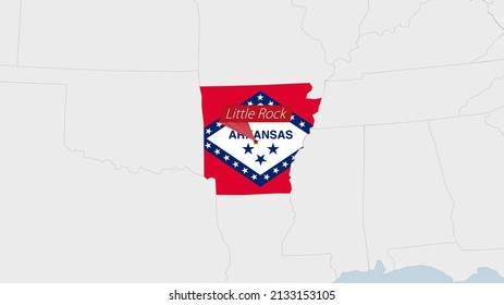 US State Arkansas map highlighted in Arkansas flag colors and pin of country capital Phoenix, map with neighboring States.