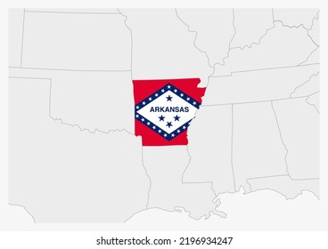 US state Arkansas map highlighted in Arkansas flag colors, gray map with neighboring usa states.